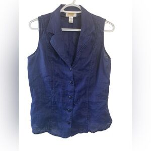 Talbots Vintage  100% Linen Navy Blue Lightweight Button Down Sleeveless Top